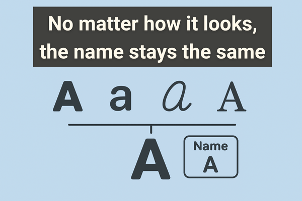 Letter A represented in different fonts, and cases.
"No matter how it looks, the name stays the same"